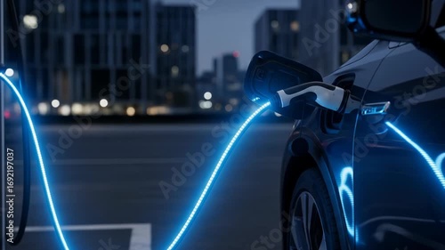 Electric vehicle being charged with a bright, futuristic cable