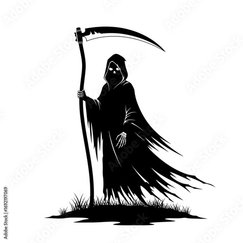 Vector art of grim reaper with scythe, a chilling figure representing mortality, doom, and the spectral essence of the afterlife