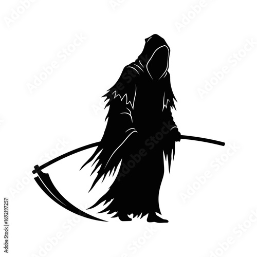 Vector art of grim reaper, a symbol of death, wearing a black cloak and holding a scythe, waiting for the end of time