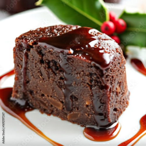 A festive plate of rich figgy pudding, a traditional Christmas fruitcake adorned with candied fruits and nuts, ready for holiday celebration.