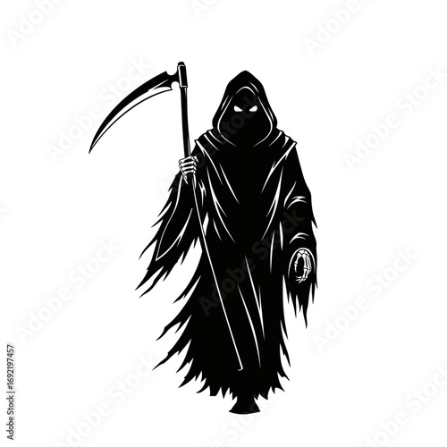 Vector art of grim reaper with scythe a spooky figure of death in a hooded cloak, a symbol of mortality and the afterlife