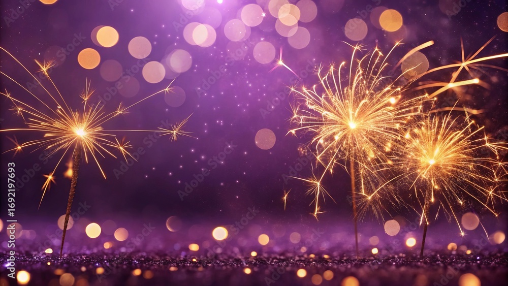 Naklejka premium Golden Fireworks and Purple Bokeh with Christmas Star Lights – Holiday Background with Copy Space - 5