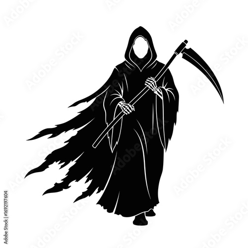 Vector art of grim reaper with scythe, a dark figure of death walking with a scythe in hand, representing mortality