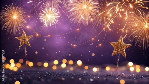 Golden Fireworks and Purple Bokeh with Christmas Star Lights – Holiday Background with Copy Space - 8