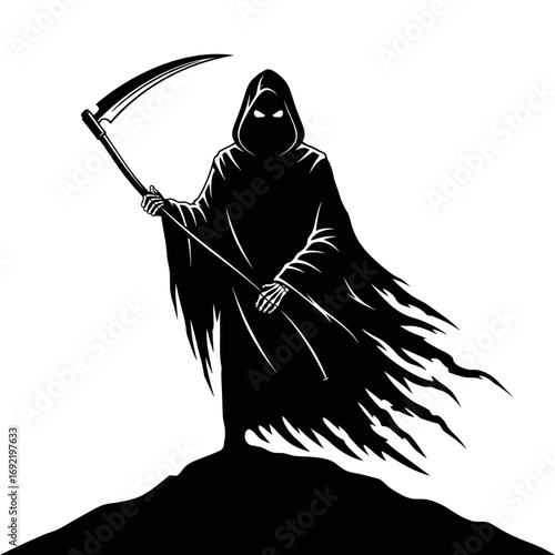 Vector art of grim reaper with scythe, a mysterious figure of death standing on a hill, holding a scythe in hand