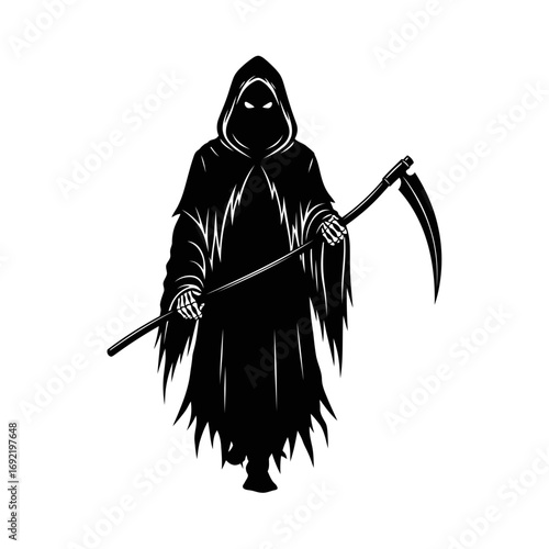 Vector art of grim reaper with scythe, a spooky figure of death in a black cloak, a symbol of mortality and the afterlife