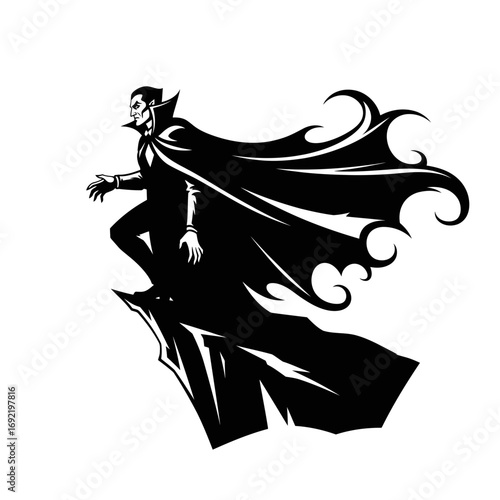 Vector art of vampire with cape flying, perfect for halloween, horror themes, gothic designs, and decorations for a spooky party