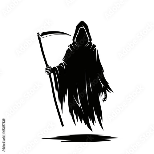 Vector art of grim reaper with a scythe death with a hood and cloak halloween concept vector illustration