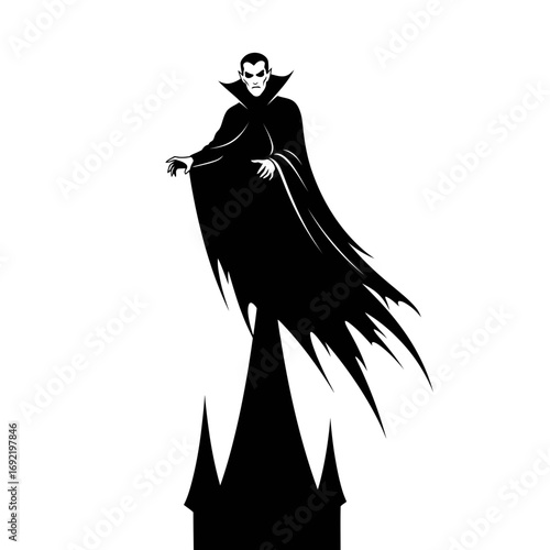 Vector art of a spooky vampire with a cape standing on top of a castle, perfect for halloween or gothic themed designs