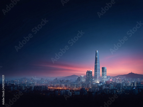 Dramatic cityscape at twilight. Modern skyscrapers pierce a colorful sky above a sprawling metropolis. Evokes ambition, progress, and urban development.