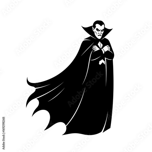 Vector art of vampire with crossed arms and a long cape, silhouette of a scary vampire with sharp teeth and a cloak