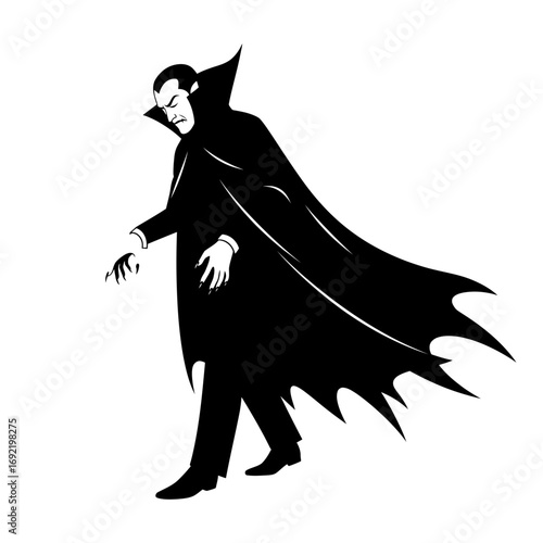 Vector art of vampire walking with a long cape, silhouette of a scary vampire with sharp teeth and a cloak