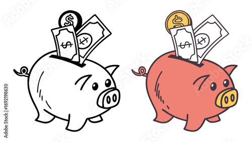 Piggy Bank Icon in Outline and Solid Color Vector Style