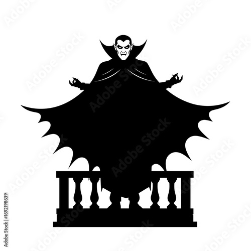 Vector art of silhouette of a menacing dracula standing on a balcony, , with arms raised in a threatening gesture, embodying halloween horror