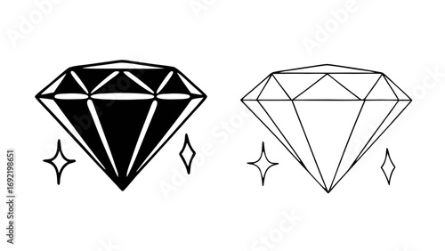 Sparkling Diamond Icon in Outline and Solid Black Vector Style.