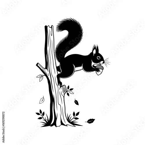 Vector art of silhouette of a squirrel climbing a tree with an acorn in its mouth, leaves are falling