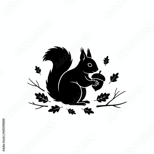 Vector art of silhouette of a squirrel holding an acorn, branches and leaves are scattered around it