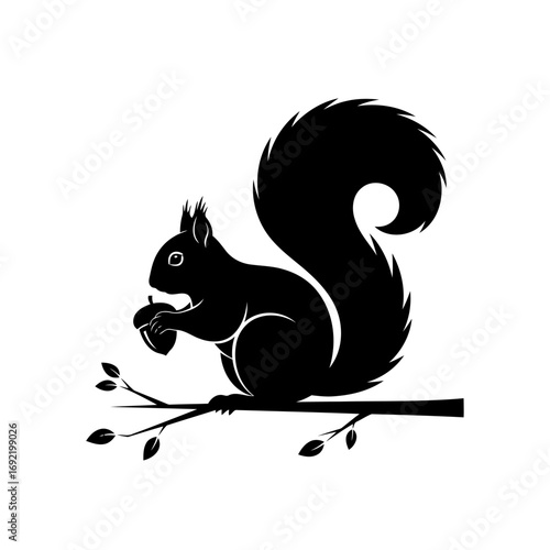Vector art of a cute squirrel sitting on a branch and holding an acorn black and white vector illustration of a rodent