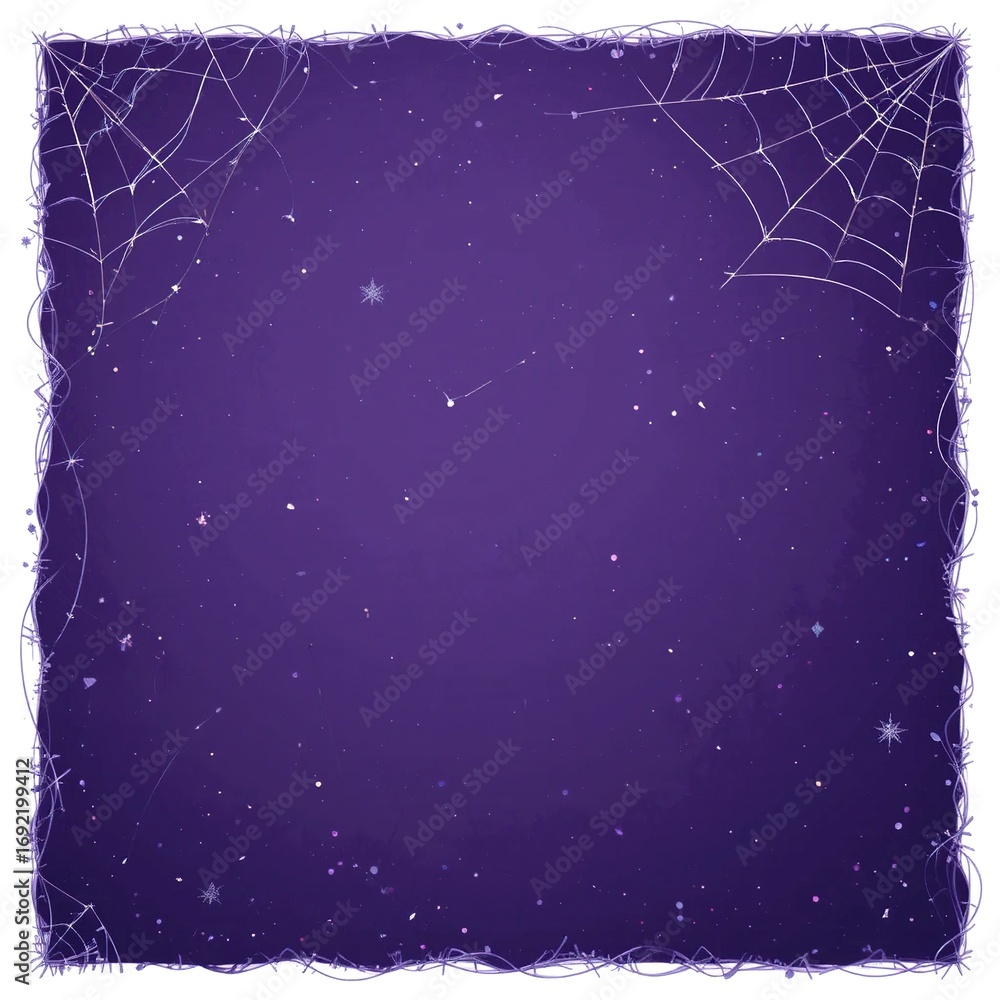 Fototapeta premium Dark purple Halloween background with sparkling glitter and a spooky white spider web frame for party invitations