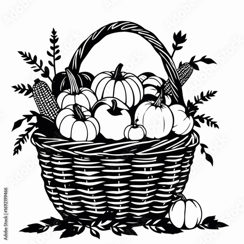 Vector art of detailed black and white illustration of a basket overflowing with pumpkins and corn, perfect for autumn themes
