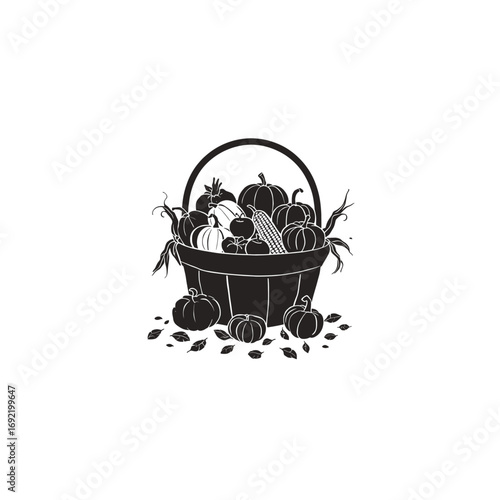 Vector art of a bountiful harvest basket filled with pumpkins, corn stalks, and autumn leaves, a symbol of falls abundance and warmth