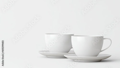 Wallpaper Mural Two white ceramic coffee cups and saucers, slightly angled, on a plain white background. Steam rising from the cups Torontodigital.ca
