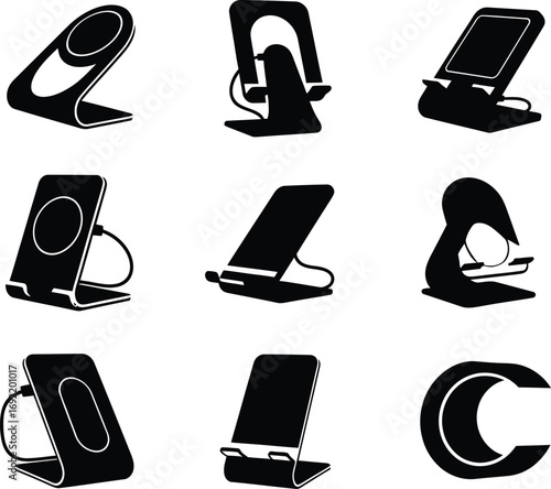 Collection of wireless charging stand and phone holder vector illustrations, mobile accessories.