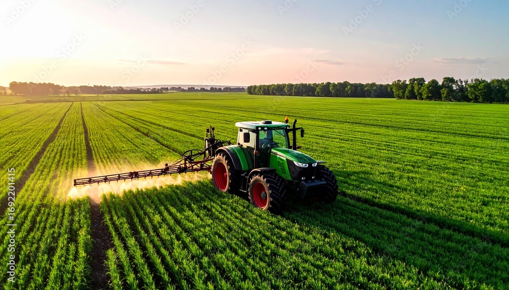 Fototapeta premium Tractor equipped with GPS and smart sensors working on a green field 