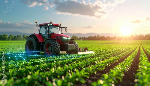 Tractor equipped with GPS and smart sensors working on a green field 