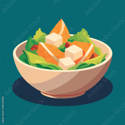 Delicious salad bowl with cubes of cheese and fruit.