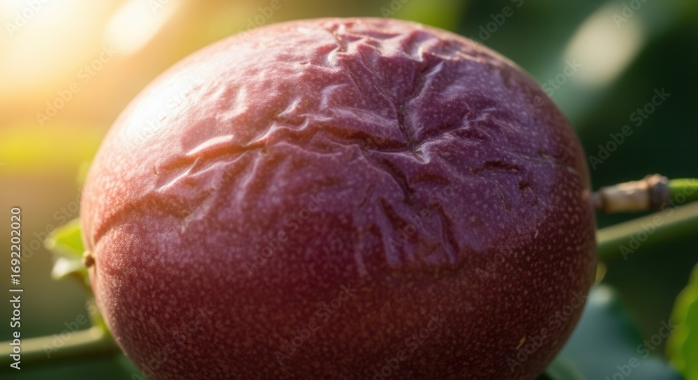 Fototapeta premium Close-up of a Mature Passion Fruit Hanging on a Vine, Ready for Harvesting, in Natural Light