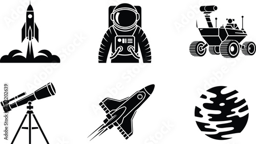 Space exploration icons set including rocket, astronaut, telescope, rover, planet, and spaceship, ideal for science, astronomy, and technology designs.