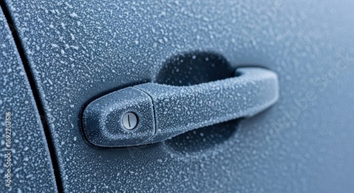 Frozen car door handle.  Close-up of a frosted gray car door, showing the icy surface and a dark gray door handle with a small silver keyhole
