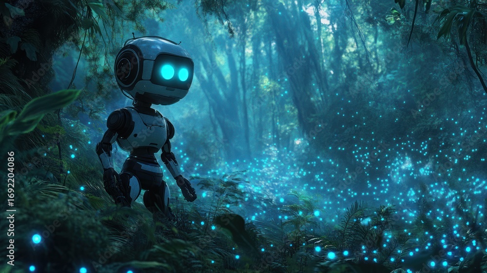 Fototapeta premium Robot explores glowing bioluminescent forest