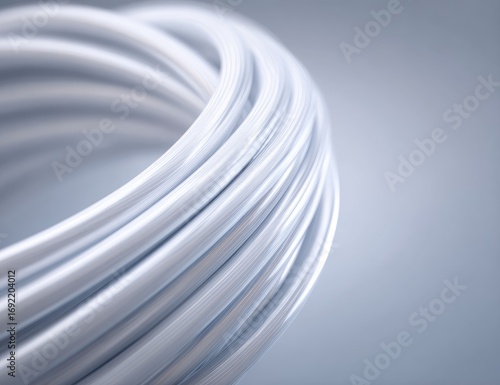 Abstract, swirling, white rings.  Close-up view of interconnected,  smooth,  tubular forms,  creating a  dynamic,  3D design.  Soft, muted  gray background