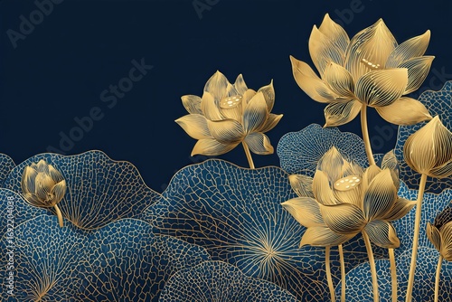 Golden lotus flowers with decorative leaves on dark blue background
