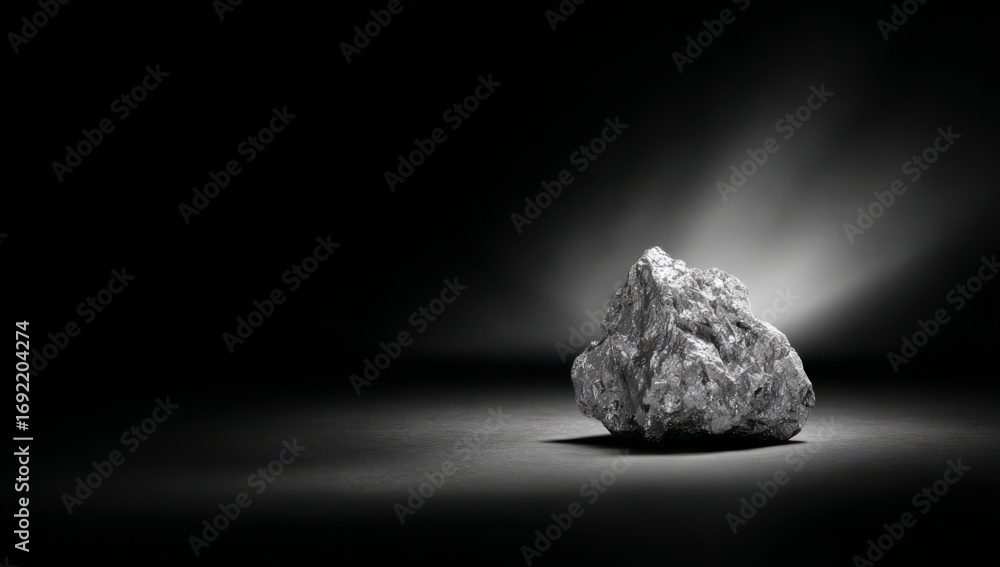 Fototapeta premium Gray Metallic Rock on Dark Surface with Spotlight Effect in Studio