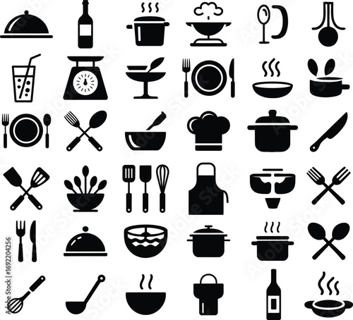 Black Silhouette Kitchen Icon Set Featuring Cooking Pots, Chef Hats, Utensils, Wine Glasses, and Tableware for Culinary Design and Food Projects