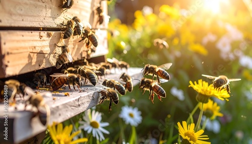 Busy bees flying around a beehive in a sunny garden