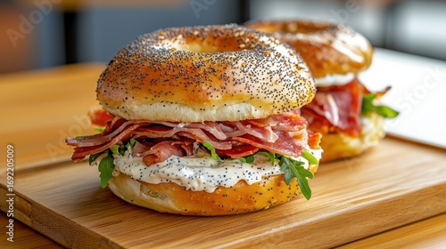 Delicious bagel sandwich with layers of meat and cheese, perfect for any meal.