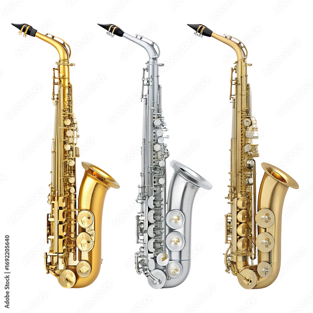 Naklejka premium Three saxophones in gold and silver finishes arranged side by side isolated on transparent background