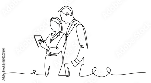 continuous line art of a male and female coworkers in work suits showing something on a gadget