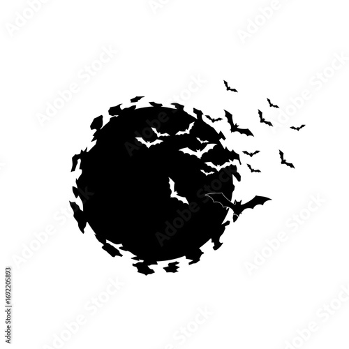 Vector art of bats flying around the moon silhouette, creating a spooky and eerie halloween night scene