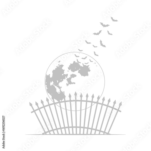 Vector art of bats flying over a graveyard fence in front of a full moon, creating a spooky halloween scene