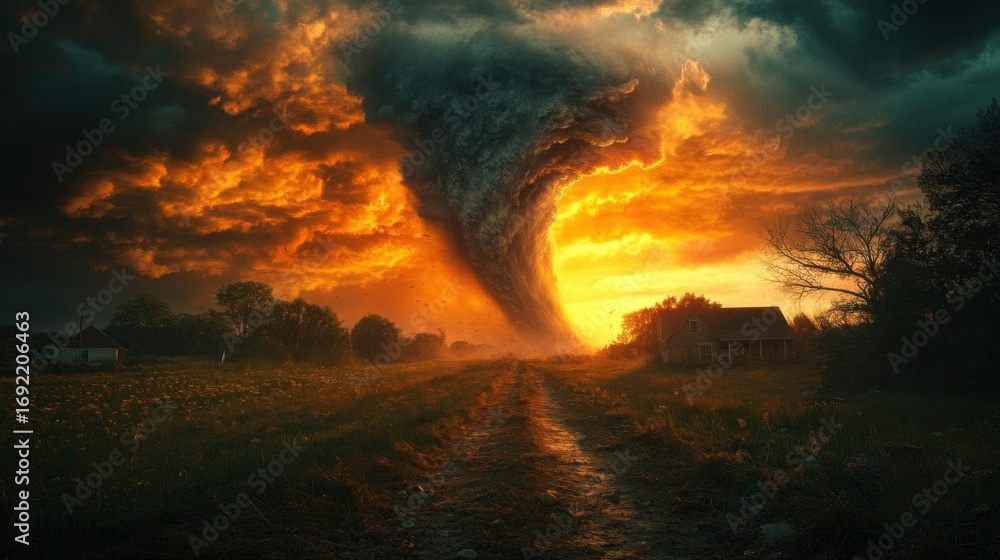 Obraz premium Big tornado in the field at sunset, 3d render illustration.