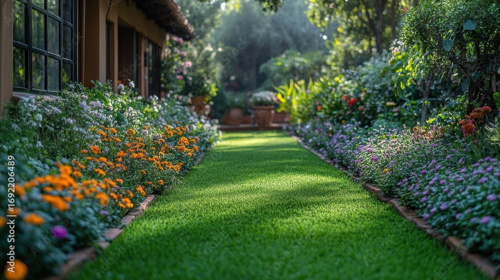 Obraz premium Beautiful flower garden in the morning with sunlight and green grass.