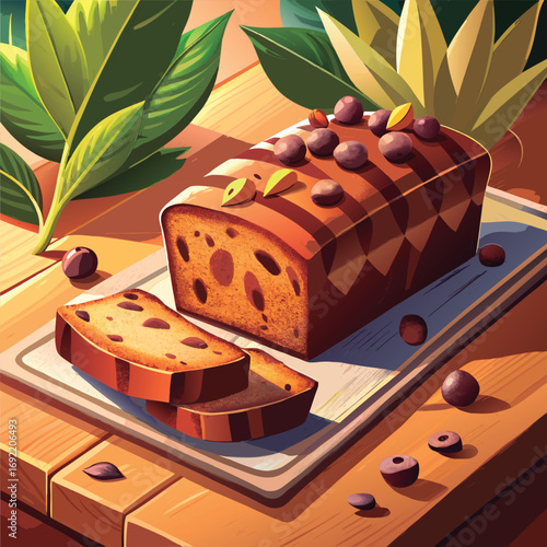 Delicious sliced loaf cake with chocolate accents.