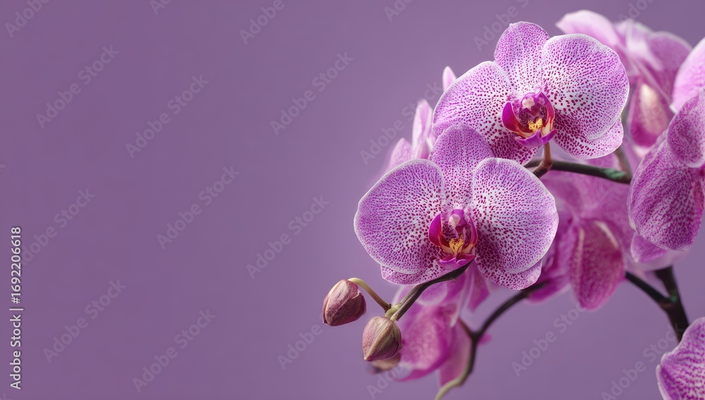 Fototapeta premium Close-up of three vibrant pink orchids against a soft lavender backdrop. Delicate petals and subtle speckles of deeper pink highlight the blooms. A few unopened buds add a touch of anticipation.