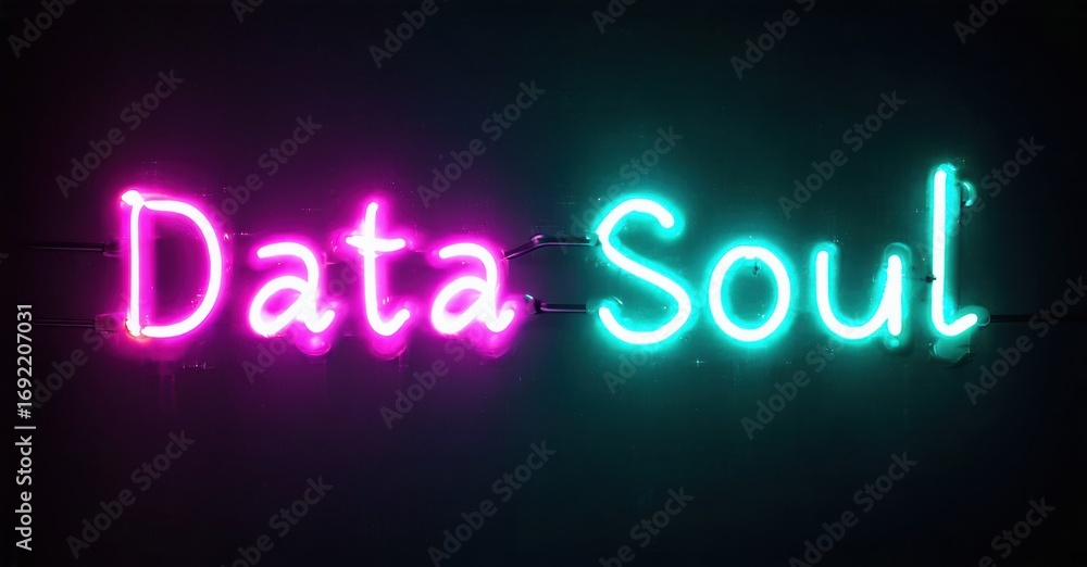 Neon sign displays words Data Soul. Pink, teal glow contrasts dark background. Modern aesthetic, simple typography. Bright illumination. Neon sign displays words Data Soul. Pink, teal glow contrasts dark background. Modern aesthetic, simple typography. Bright illumination.