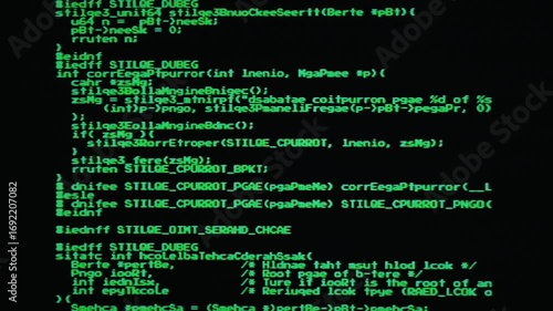 Retro VHS-captured footage of scrambled source code scrolling on computer monitor, chunky 8-bit font. Green text streams create nostalgic programming backdrop for tech and coding projects.